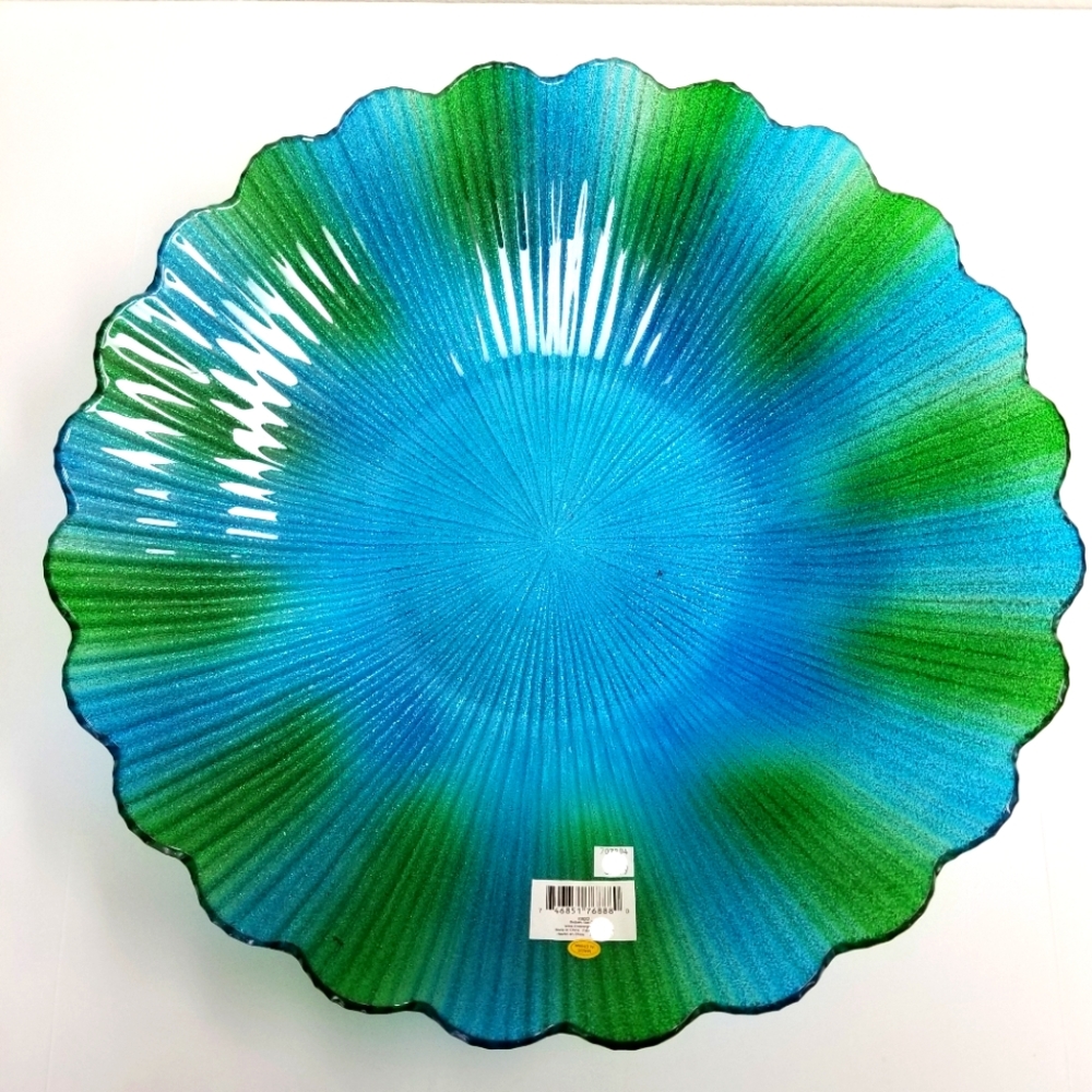 🆕️Huge Evergreen Blue Sea Glass Birdbath 20" in diameter.
